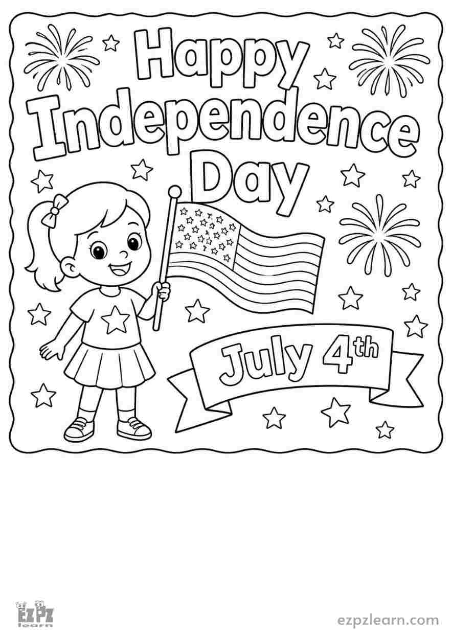 Little girl Independence Day July 4th Coloring Page for kids